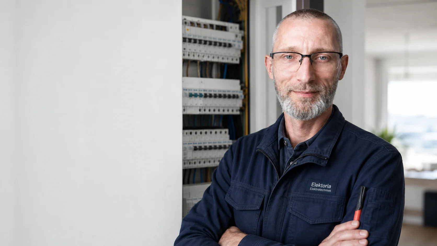 Oleksandr Volkov in Elektoria werkkleding bij een groepenkast