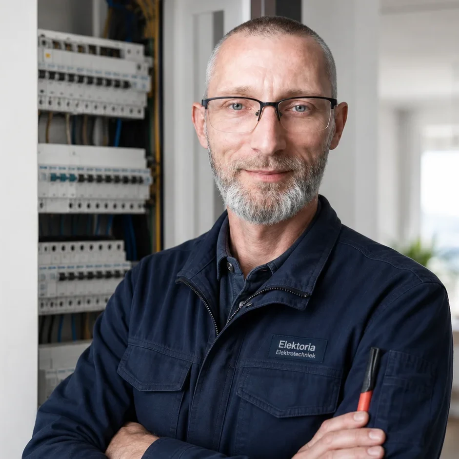 Oleksandr Volkov in Elektoria werkkleding bij een groepenkast